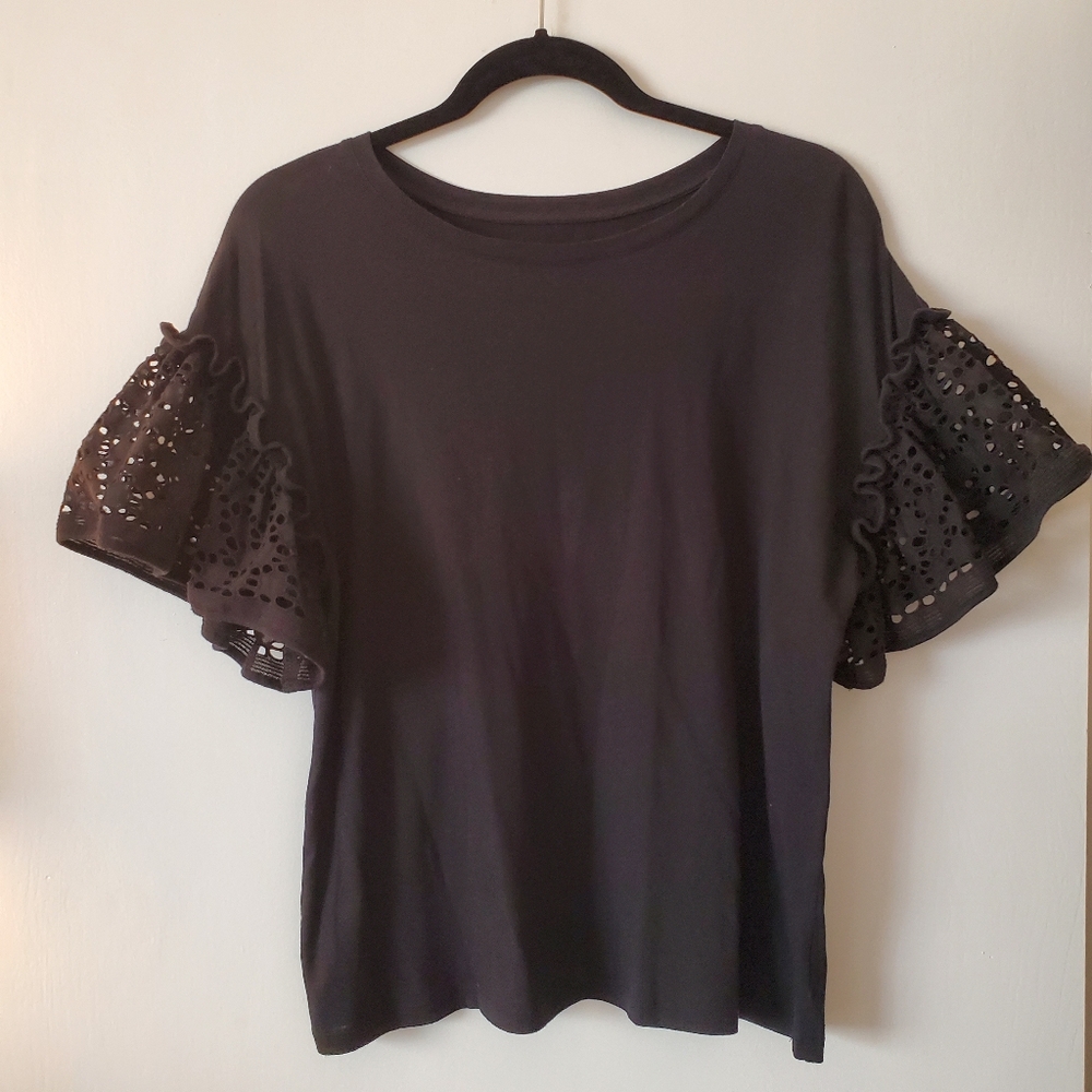 14th & Union Black Eyelet Embroidered Flutter Short Sleeve Tee